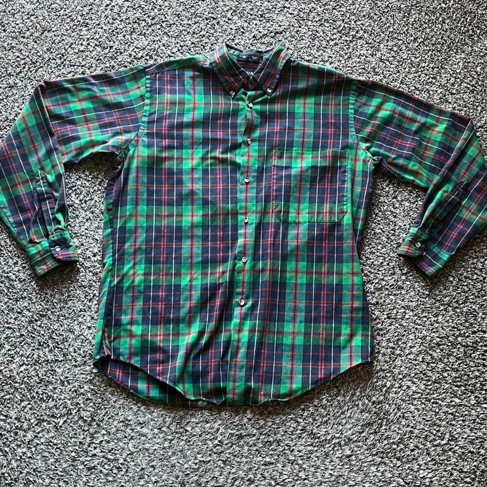 Vintage Van Heusen Green Plaid Button-up Shirt Mens M Business Casual Breathable